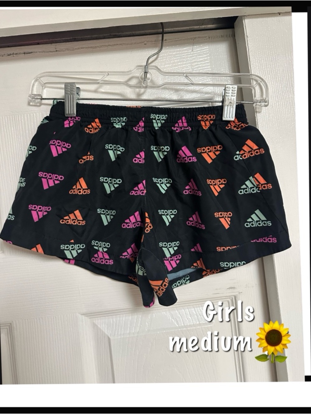adidas Black Girls Logo Print Shorts with Mint, Pink & Orange Accents